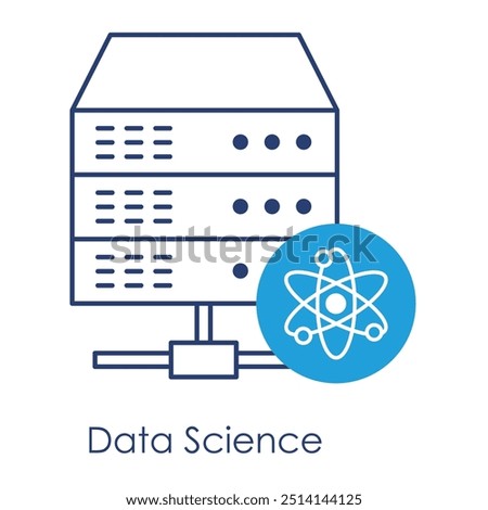 Vector icon for Data science. A server with a cog, representing the computation and analysis of massive datasets, designed in blue monochrome.