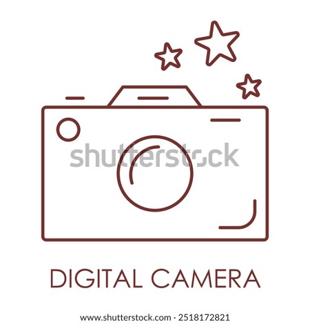 Vector icon for digital camera. Shows a compact camera with a lens, designed to capture high-quality photos and videos, ideal for modern photography.