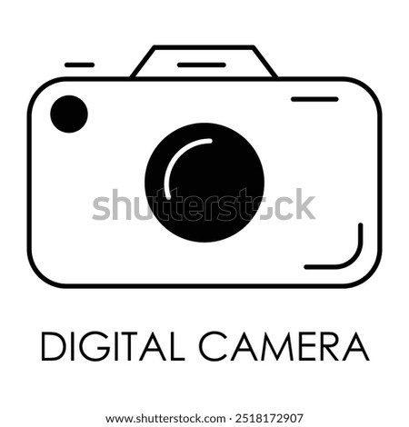 Vector icon for digital camera. Shows a compact camera with a lens, designed to capture high-quality photos and videos, ideal for modern photography.