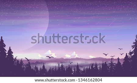 Pine forest, beautiful mountains, evening landscape with starry sky. Vector illustration
