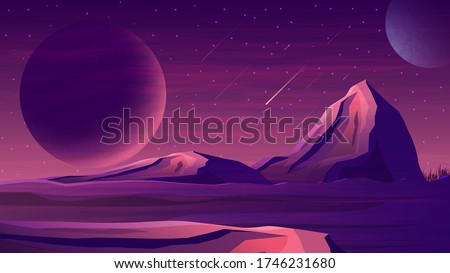 Mars purple space landscape with a large planets, starry sky, meteors and mountains. Space landscape with a huge planet on the horizon