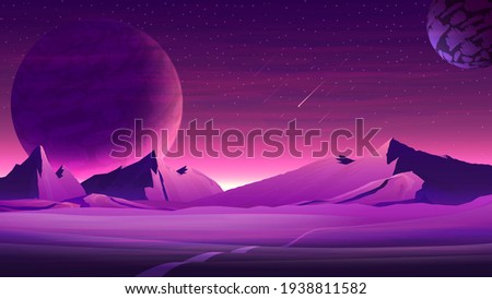 Mars purple space landscape with large planets on purple starry sky, meteors and mountains. Nature on another planet with a huge planet on the horizon