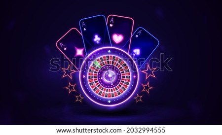 Pink shine neon Casino Roulette wheel with playing cards in dark empty scene