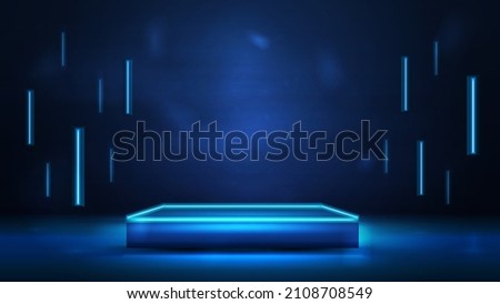 Square dark podium for product presentation with line flying lamps around, 3d realistic vector illustration. Blue and dark digital scene