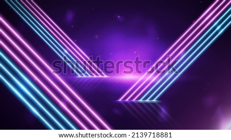 Purple empty scene with diagonal pink and blue line neon lamps on background.