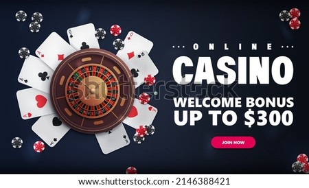 Online casino, blue banner with offer, Casino roulette, poker chips and playing cards