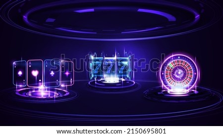 Neon Casino slot machine, Casino Roulette wheel, playing cards and hologram of digital rings in dark empty scene