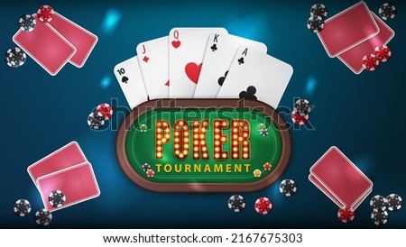 Poker tournament, blue banner with poker table with symbol with lamp bulbs, playing cards and poker chips