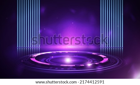 Purple empty scene with blue line neon lamps on background and pink digital podium with hologram of digital rings in dark room
