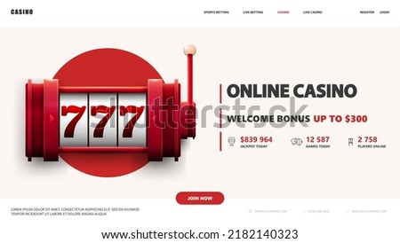 White and red banner with red slot machine and interface elements