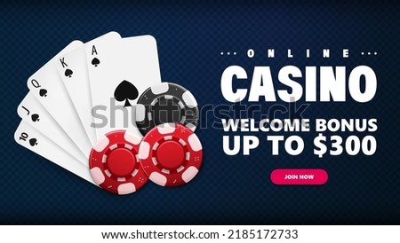 Online casino, blue invitation banner for website with welcome bonus, button, casino playing cards and poker chips on blue background, top view