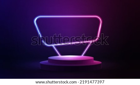 Blue and purple abstract scene with empty podium with neon pink and blue asymmetric frame