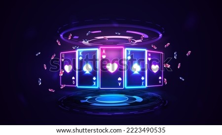 Neon Casino playing cards with poker chips in hologram of digital rings in dark empty scene