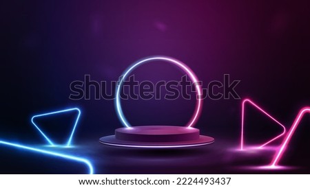 Empty podium floating in the air with line gradient neon ring on background and neon blue and pink triangles around