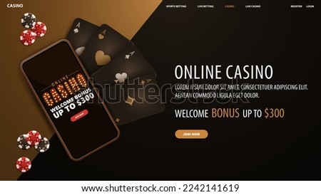 Online casino, black and gold banner with smartphone with offer, playing cards and poker chips, top view