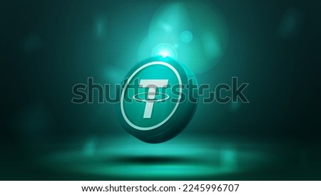 Green cryptocurrency Tether on a dark blurred background. Digital Cryptocurrency poster Сток-фото © 