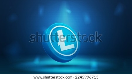 Digital blue banner with 3D coin of Litecoin cryptocurrency on a dark blue background.