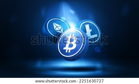 Bitcoin with Litecoin and ethereum, 3D coins in dark blue scene
