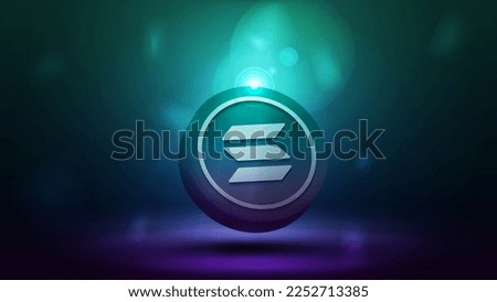 Cryptocurrency banner with 3D coin of Solana on a blurred background.