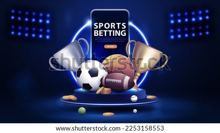 Sports betting, blue banner with smartphone, champion cups, gold coins and sport balls on podium of winners with blue neon ring in blue scene