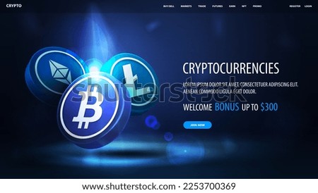 Blue banner for website with offer and 3D coin of Bitcoin, Litecoin and Ethereum