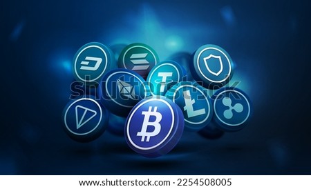 3D cryptocurrency coins in dark blue scene. Bitcoin, Litecoin, Ethereum, Tether, Trust, Ton and Solana