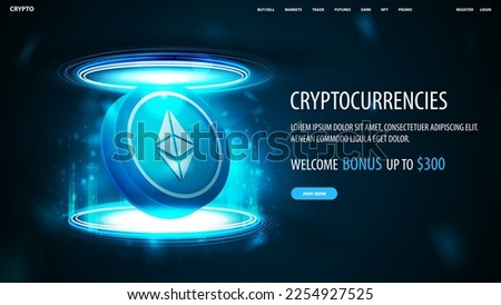 Blue banner for website with offer and 3D coin of Ethereum in blue digital hologram of podium