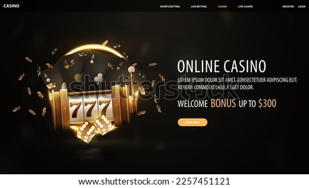 Online casino, black banner with welcome bonus, button, gold casino slot machine, dice, black playing cards and neon ring