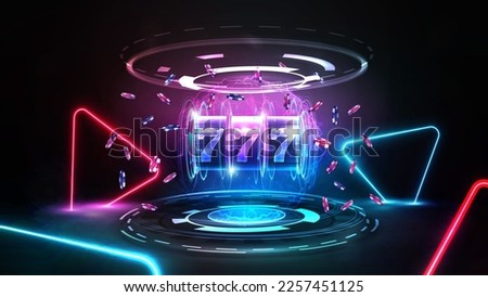 Neon Casino slot machine with jackpot, poker chips and hologram of digital rings in dark scene with pink and blue neon triangles