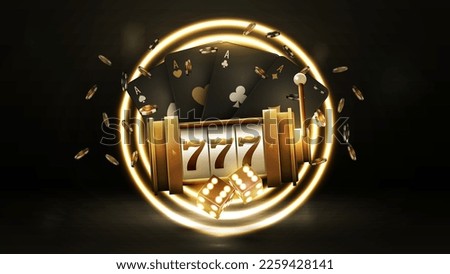 Black poster with casino slot machine, dice, black playing cards and gold neon ring on background