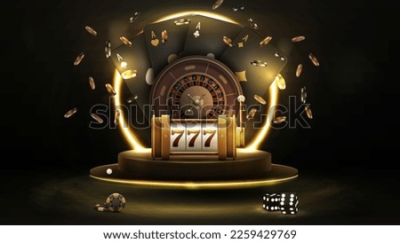 Black poster with casino roulette wheel with black playing cards, slot machine, dice and chips on podium with gold neon ring on background