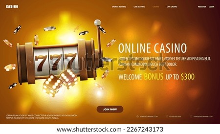 Orange banner with gold slot machine, dice and chips on blurred background. Online casino, web banner with interface elements