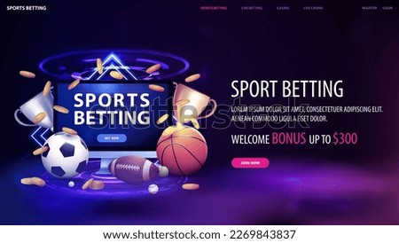 Sports betting, blue and purple banner with monitor, champion cups, sport balls and gold coins in dark scene with neon rhombus frames and hologram of digital rings