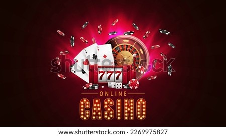 Online casino, red poster with spotlights, slot machine with jackpot, casino roulette wheel, poker chips and playing cards