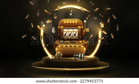 Black poster with black playing cards, slot machine, dice and chips on podium with gold neon ring on background