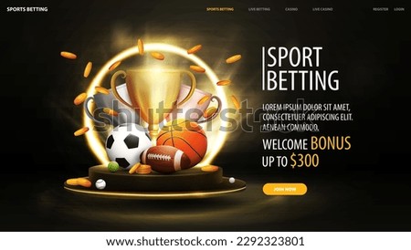 Sports betting, web banner with sport balls, cups and falling gold coins in black scene, dark banner with sport elements