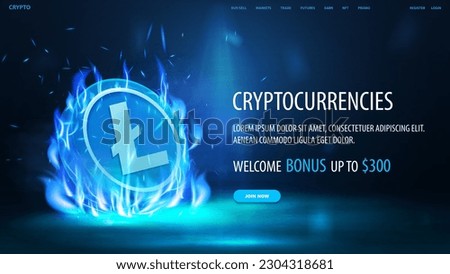 Blue cryptocurrency poster with interface elements, 3D coin of Litecoin in fire flame on a blue blurred background.
