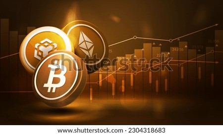 Gold 3D coins of Bitcoin, BNB and Ethereum on a gold blurred background with cryptocurrency graph