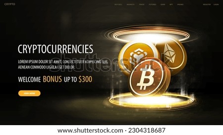 Cryptocurrency web banner with gold 3D coins of Bitcoin, BNB and Ethereum inside gold portal made of digital rings on dark background