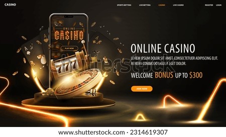 Online casino, welcome bonus, black banner with offer, podium with smartphone, casino slot machine, Casino Roulette, cards and poker chips in dark scene with gold neon triangles around