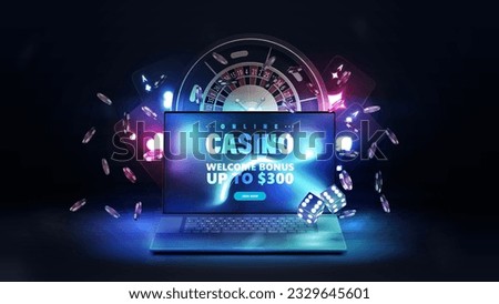 Online casino, banner with laptop, slot machine, neon playing cards, roulette, dice and poker chips on dark background