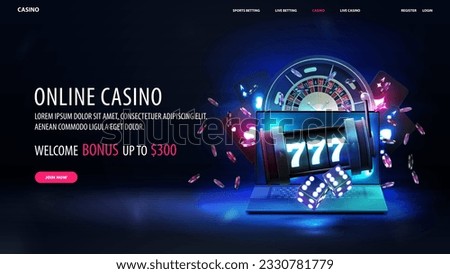 Online casino, black and blue banner with laptop, slot machine, neon playing cards, roulette, dice and poker chips on dark background