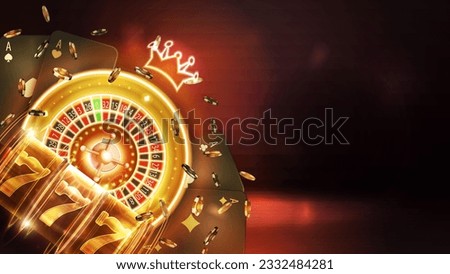 Casino poster with copy space, neon gold Casino roulette, neon slot machine, black playing cards and poker chips on dark blurred background