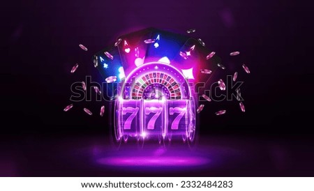 Casino poster with purple neon casino roulette, neon slot machine, neon playing cards and poker chips on dark background