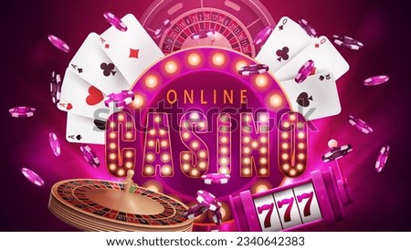 Online casino, pink poster with casino elements. Retro signboard, slot machine, Casino Roulette, poker chips and playing cards