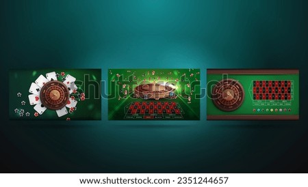 Set of green casino posters with casino roulette on green table. Backgrounds for your arts