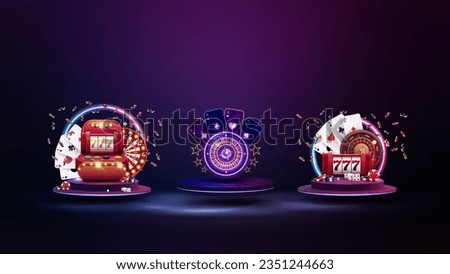 Set of casino elements on podiums with neon frames, slot machine, wheel fortune, roulette wheel, poker chips and neon playing cards