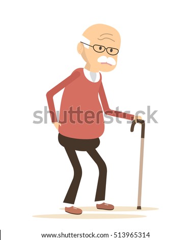 Old man with a cane.  An elderly man suffering from back pain.  Senior man sick. Senior disease. Backache icon. Vector illustration flat design
