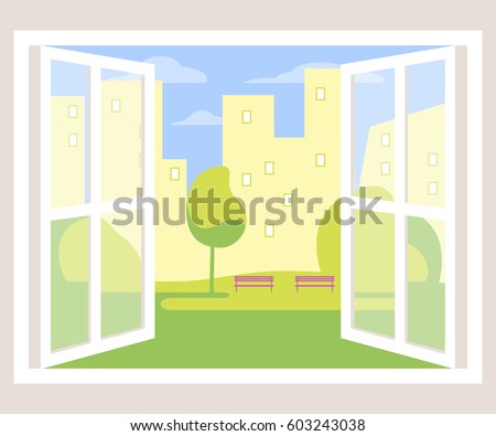 City view window background. Vector illustration flat design
