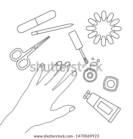 Hand surrounded by tools for manicure, nail care. Vector black and white coloring in lines.